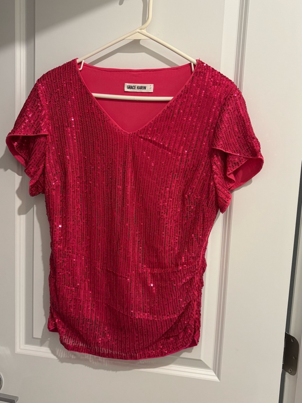 Grace Karin Hot Pink Sequin V-Neck Blouse